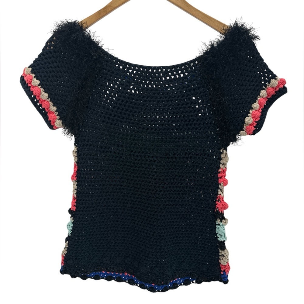 Leifsdottir Multicolor Boho Crochet Bobble Stitch Top Artisan Festival Knit S - Picture 2 of 10